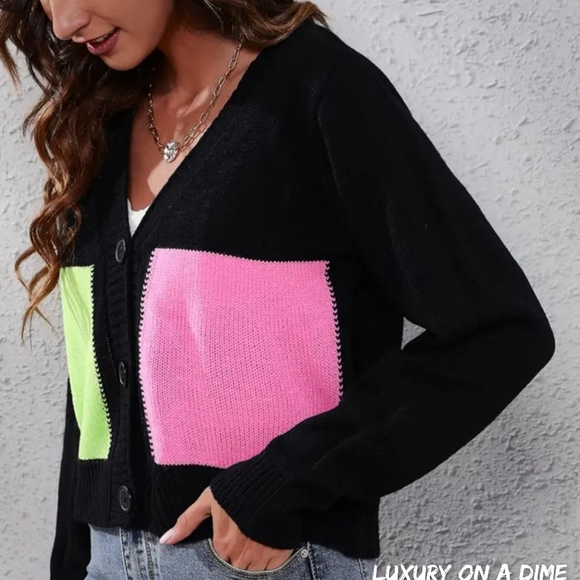 Color Block Cropped Classic Knit Button Front Long Sleeve Casual Cardigan Bright - Picture 3 of 8